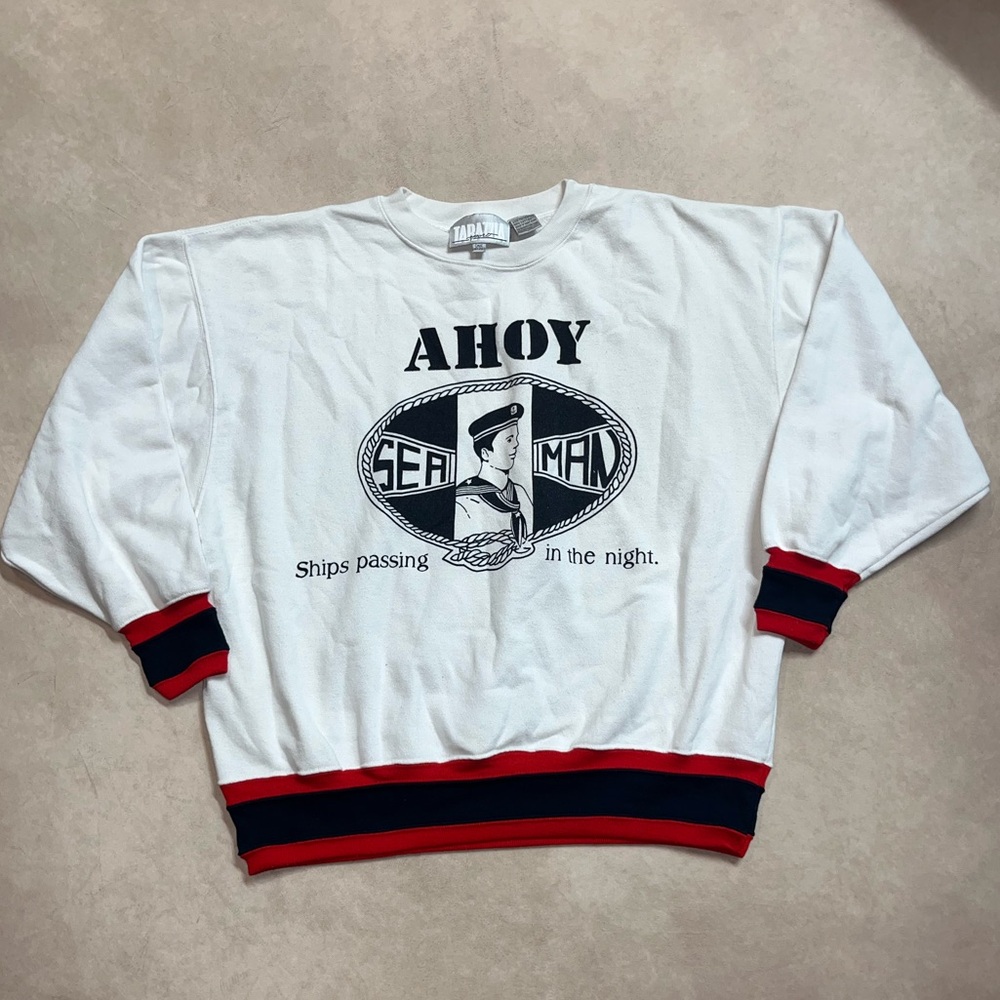 Vintage White Ahoy Sailor Crewneck with Red and Black Accents